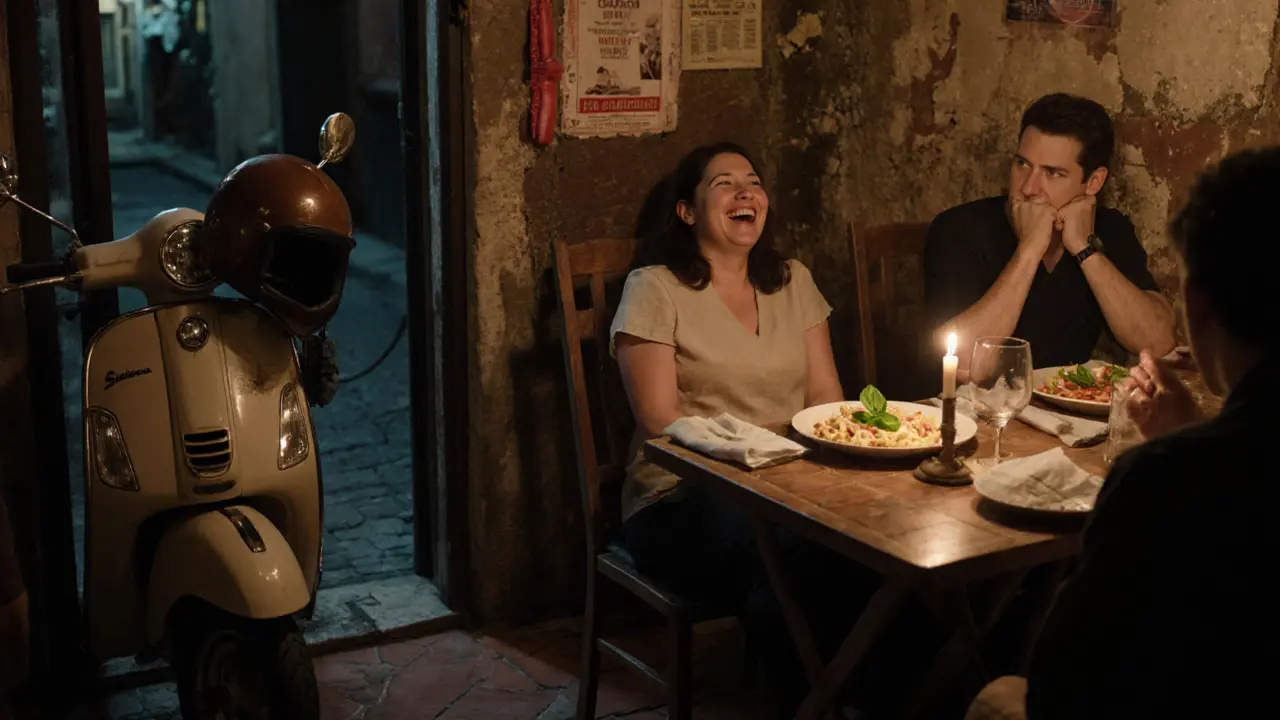 Silvia laughing with friends over carbonara in a cozy Trastevere trattoria at night.