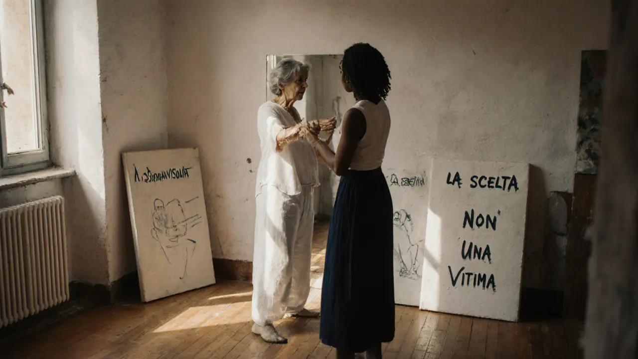 Silvia teaches a young woman to hold her posture before a mirror in a quiet studio, with paintings on the wall bearing powerful titles.
