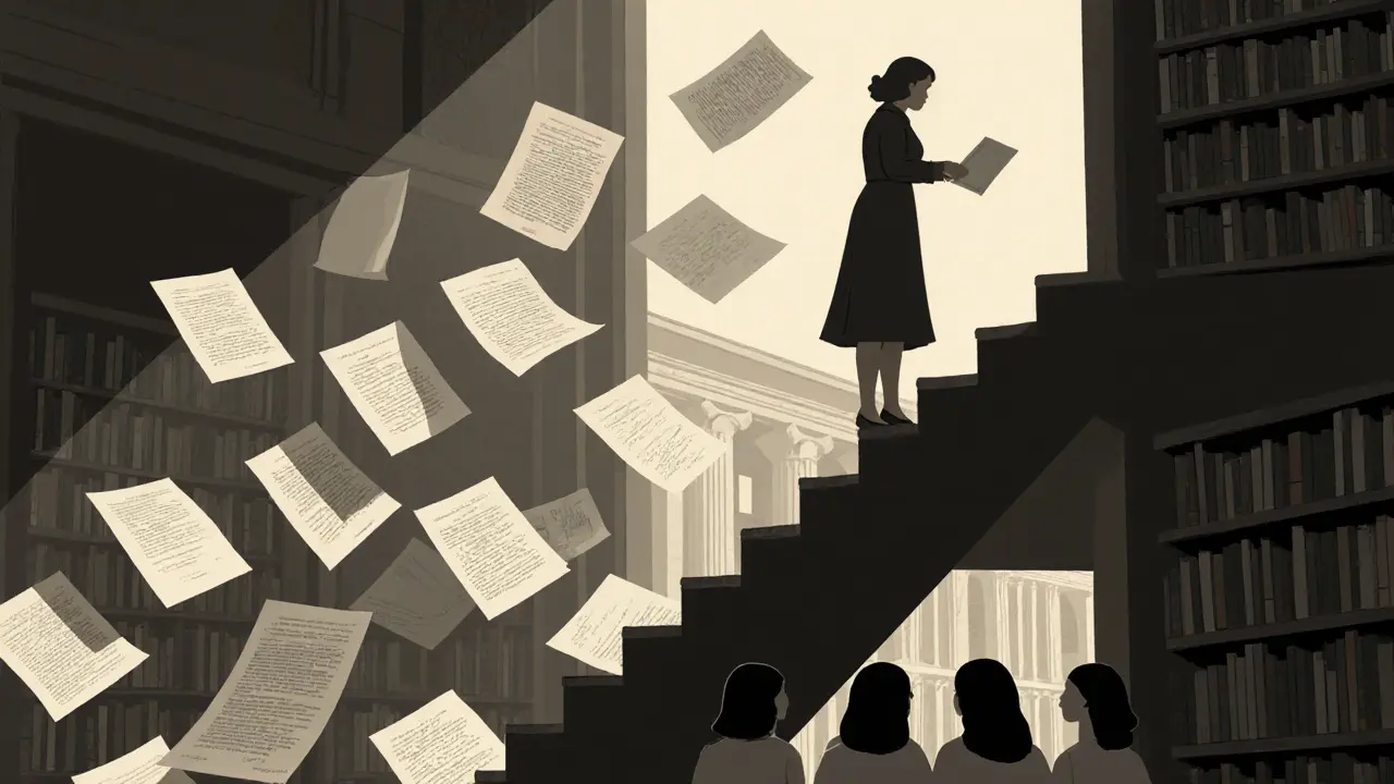 Symbolic archive of contracts and legal papers forming a staircase leading to a group of women receiving knowledge.