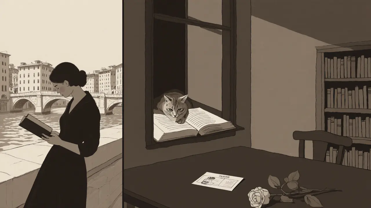 Symbolic objects representing Rebecca’s life: a book, a cat, a train ticket, and an empty chair.