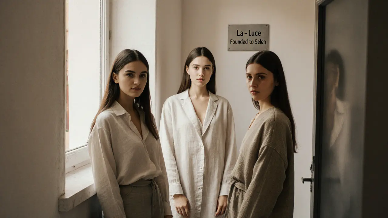 Three performers prepare to film, echoing Selen’s signature style of natural lighting and direct eye contact.