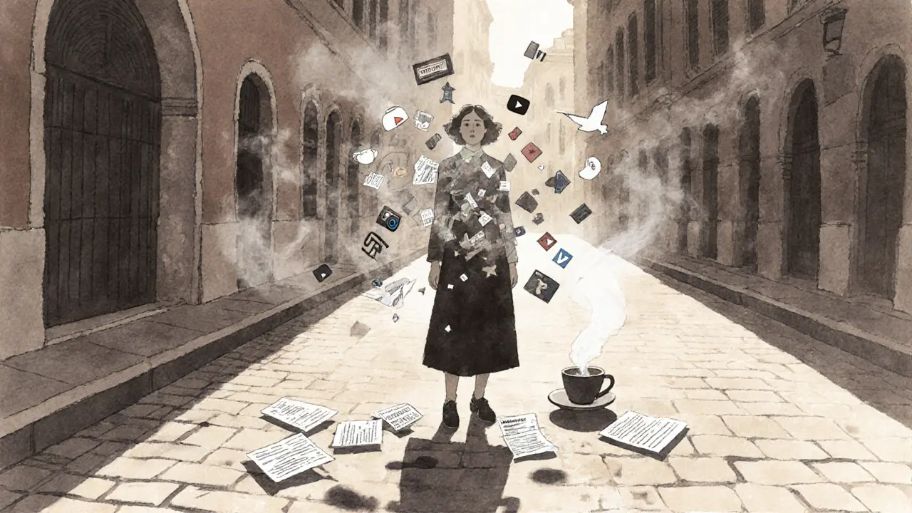 Woman&#039;s form dissolving into social media icons as they float upward, espresso cup beside her on a stone ledge.