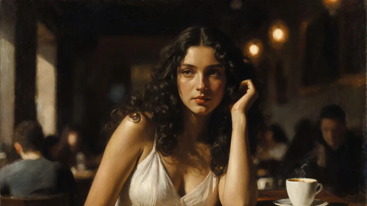 Woman in a café with dark curls, lit like a Caravaggio painting, bold and real.