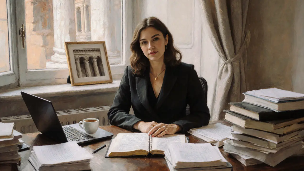 Woman in a quiet home office surrounded by legal documents and journals, natural light streaming through curtains.