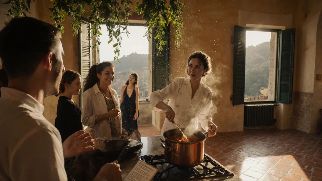 Woman teaching cooking in a sunlit Italian villa, herbs hanging, family tradition in focus.