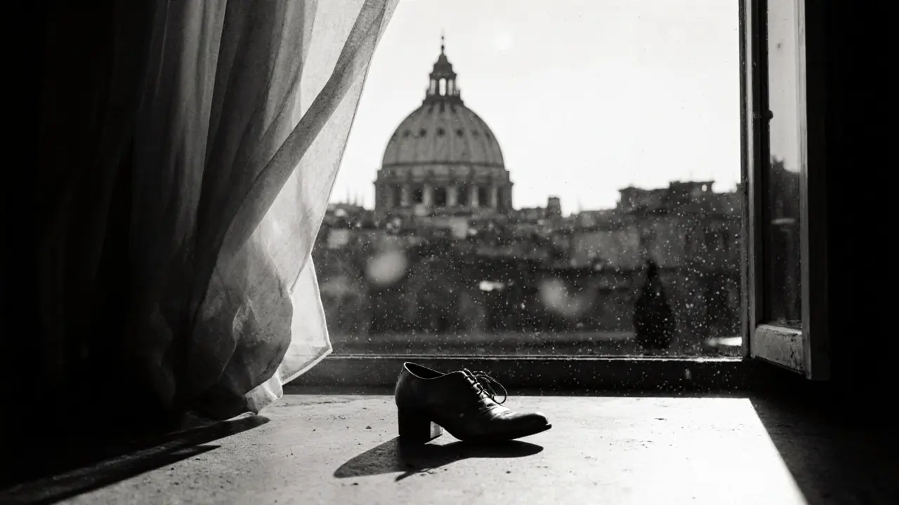 Worn shoes beside an open window on a Roman rooftop, with St. Peter’s dome in the distance.