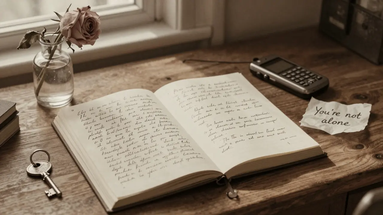 A handwritten journal, wilted rose, and burner phone on a wooden desk, symbolizing secrecy and presence.