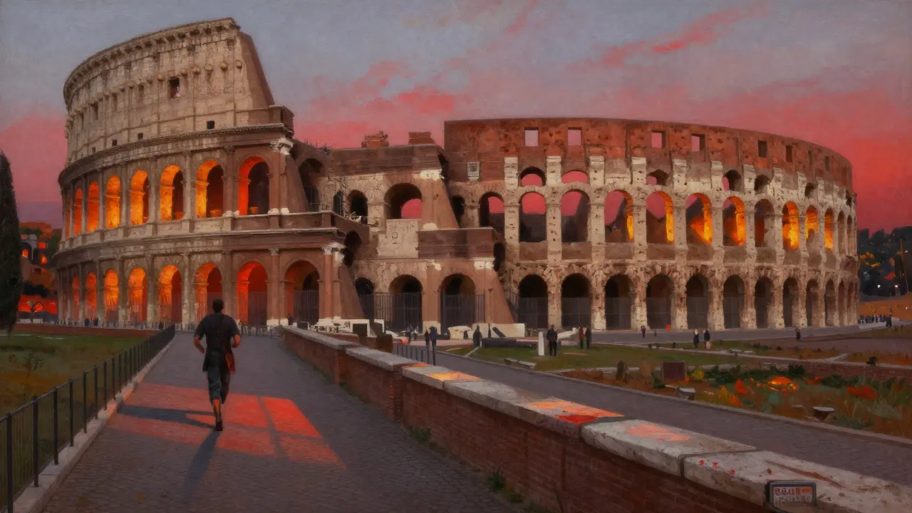 A lone figure touches the ancient railing of the Colosseum at sunset, bathed in red-gold light with no crowds nearby.
