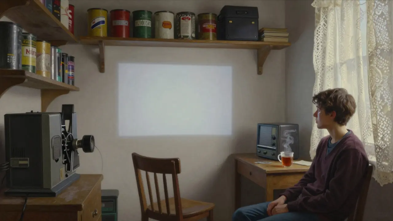 A quiet archive room with film projectors and shelves, a young person watches a silent film on a blank wall.