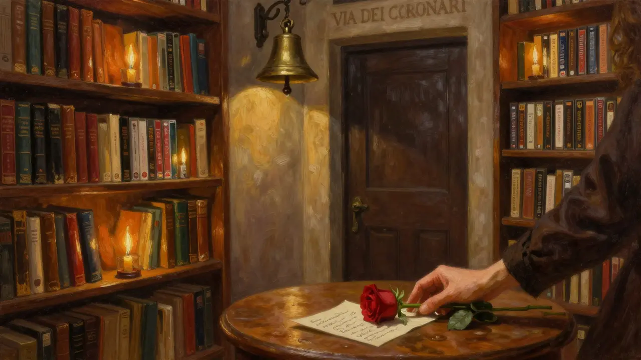 A quiet bookstore interior with candles, books, and a rose on a wooden table.