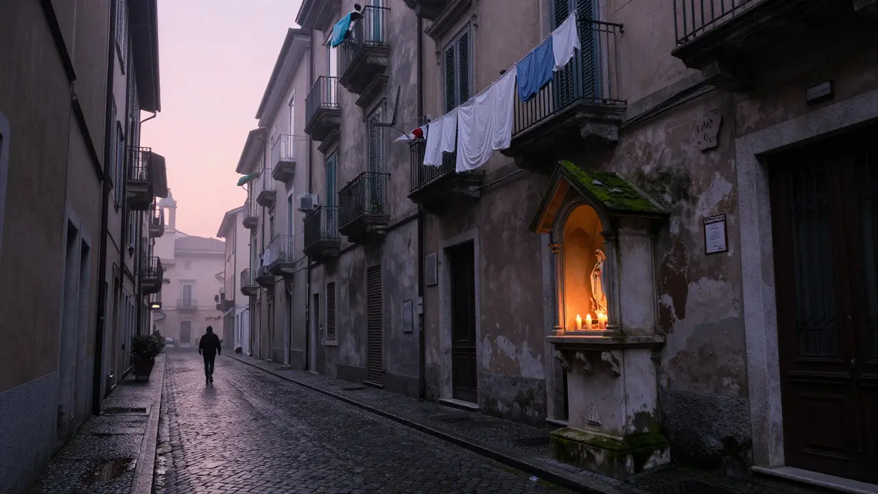 A quiet Roman alley at dawn, with laundry overhead, a candlelit shrine, and mist rising from wet cobblestones.