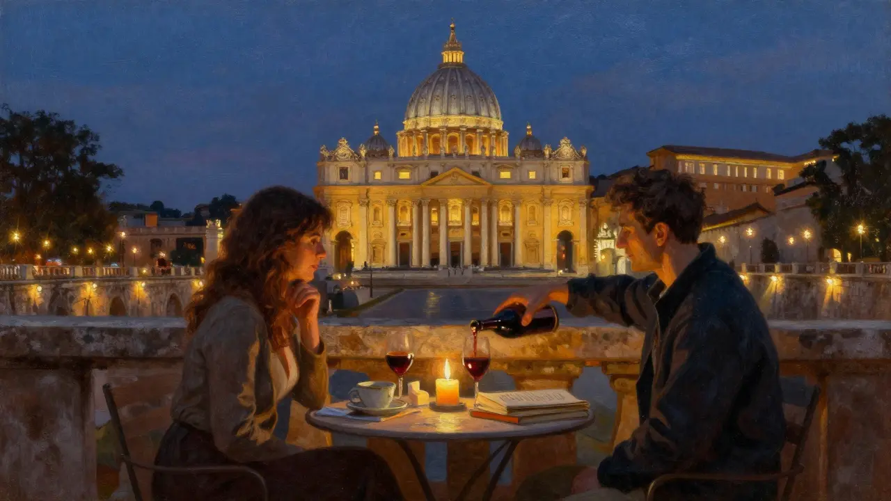 A quiet terrace at twilight with two figures sharing wine, overlooking the Tiber and St. Peter’s dome.