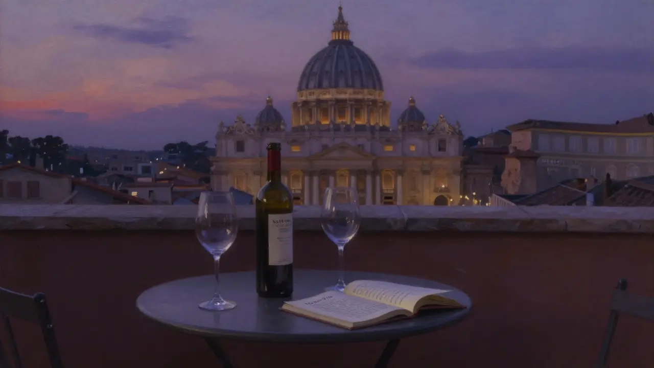 A rooftop terrace at twilight with wine glasses and an open book, overlooking St. Peter’s dome.