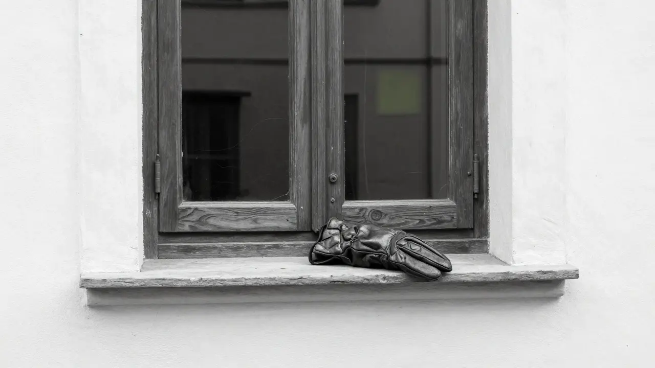 A single worn leather glove resting on a wooden windowsill, bathed in warm Roman light with terracotta and olive tones.