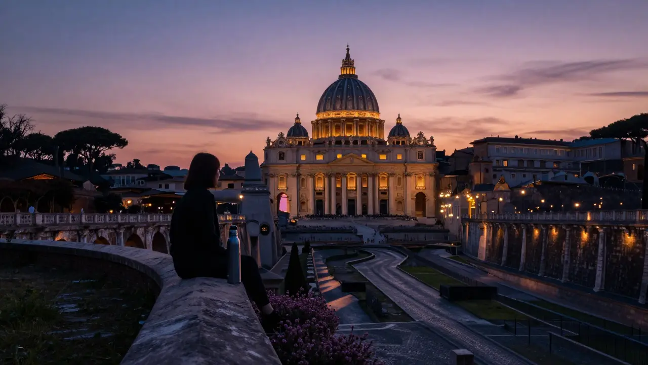 A solitary figure sits at a fountain on a hill at sunset, the dome of St. Peter’s glowing in the distance.