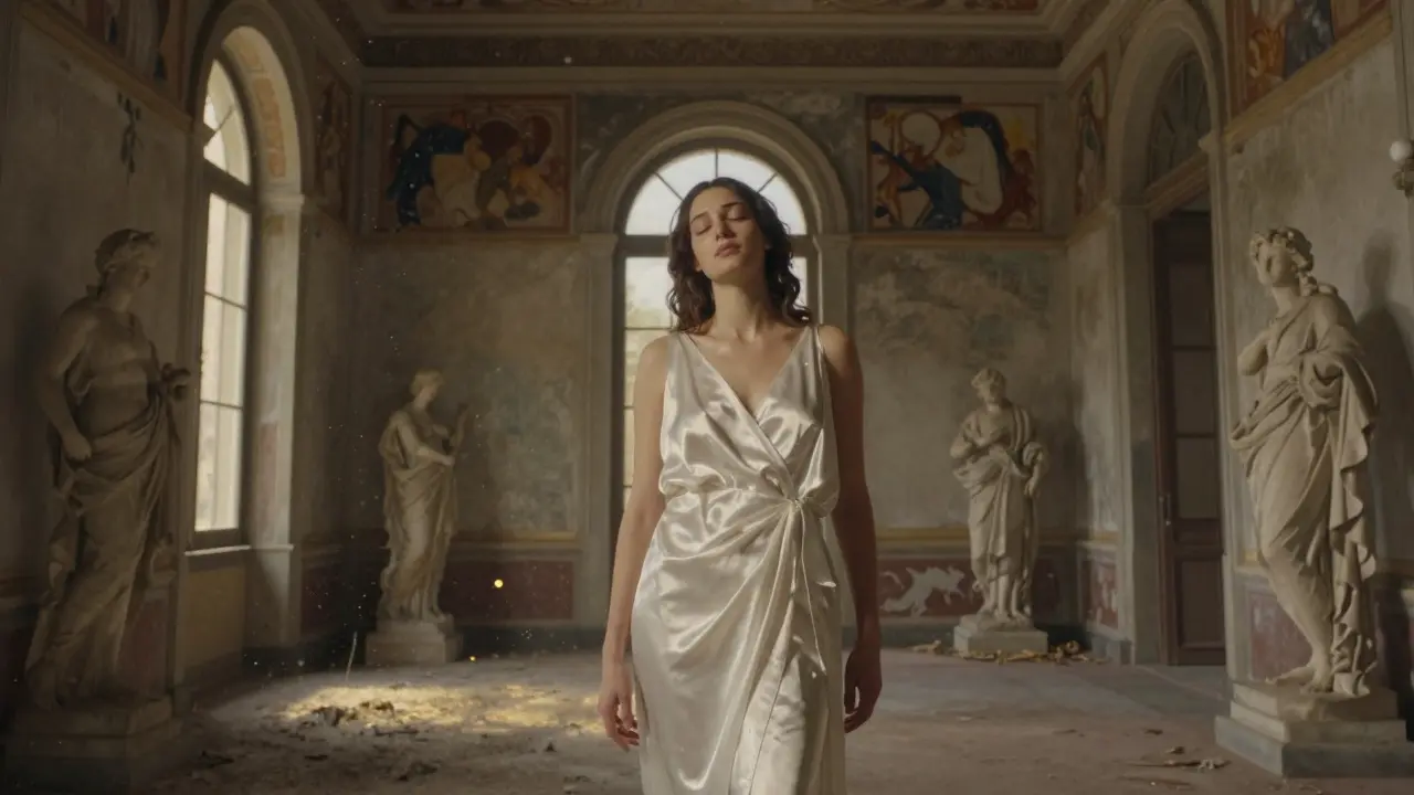 A woman in a white robe stands in a sunlit villa, surrounded by classical statues, eyes closed in stillness.