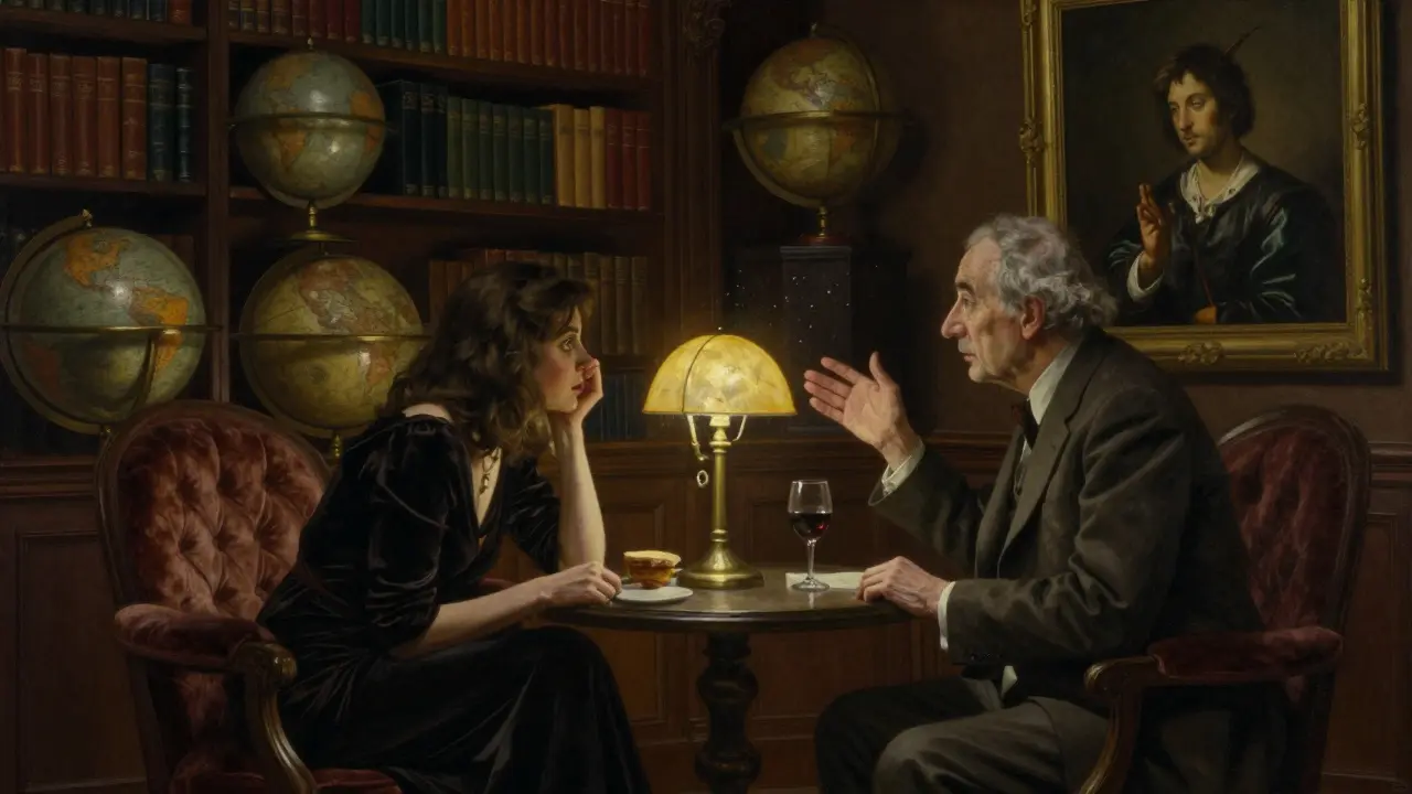 A woman listens intently to an elderly man in a dim library filled with books and a Caravaggio painting.