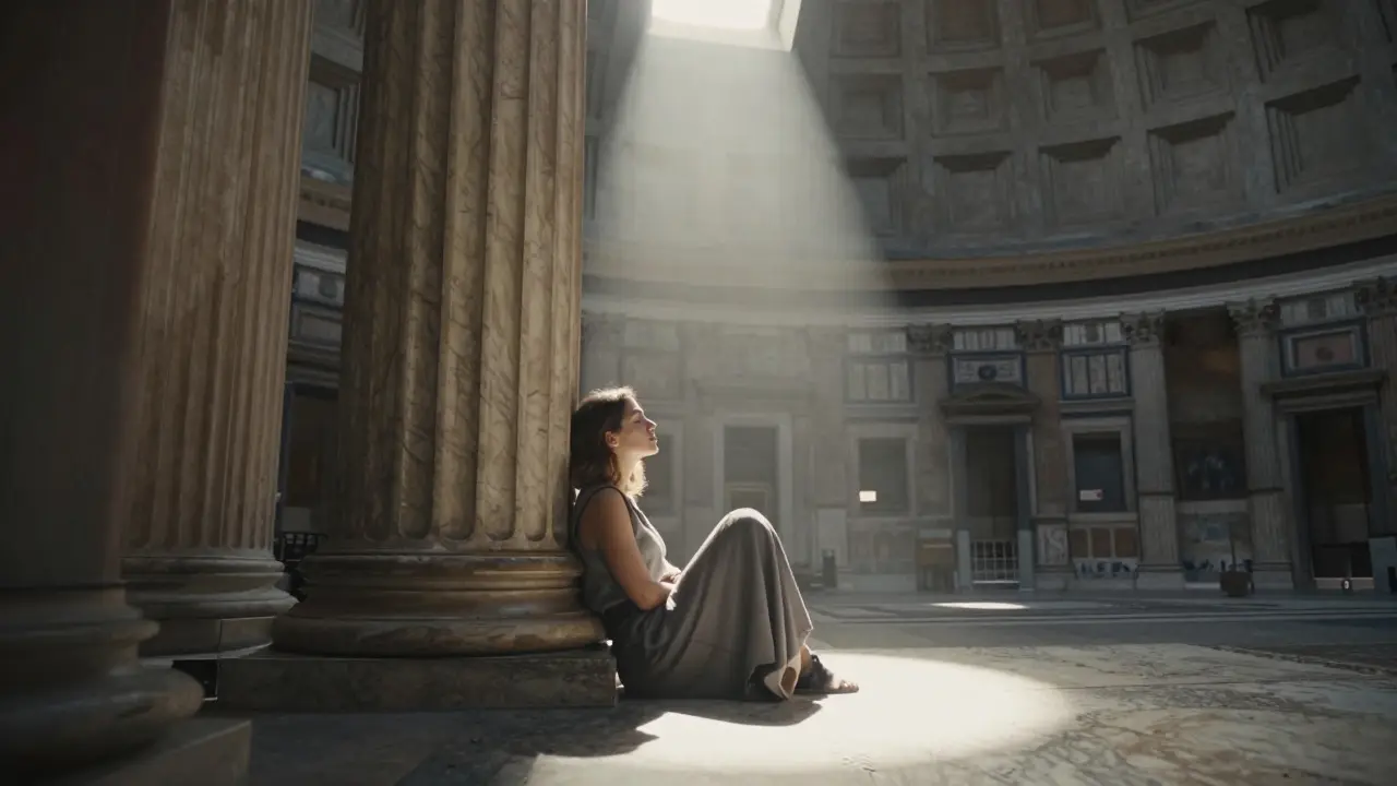 A woman sits against a marble column in the Pantheon, bathed in sunlight from the oculus, in silent contemplation.