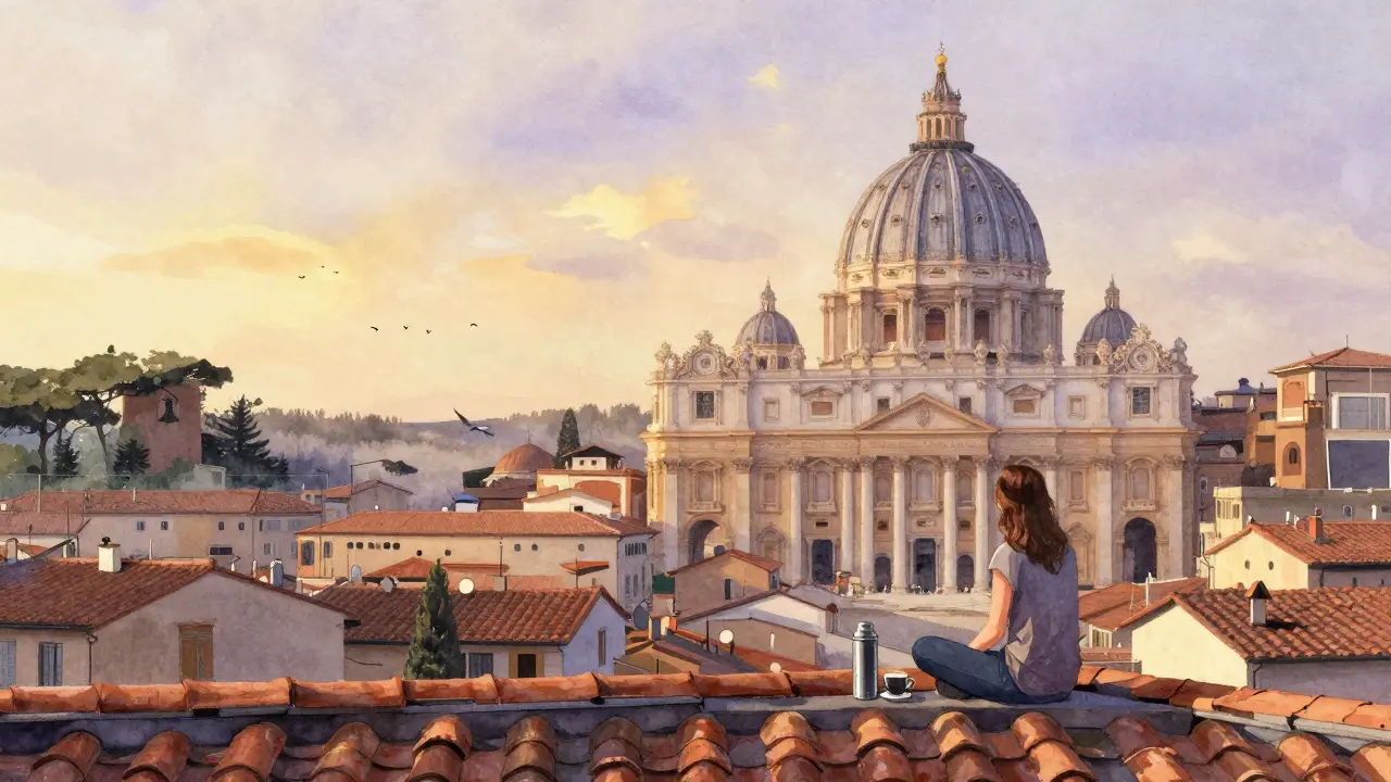 A woman sits on a quiet rooftop at dawn, sipping espresso as St. Peter’s dome glows softly in the distance.