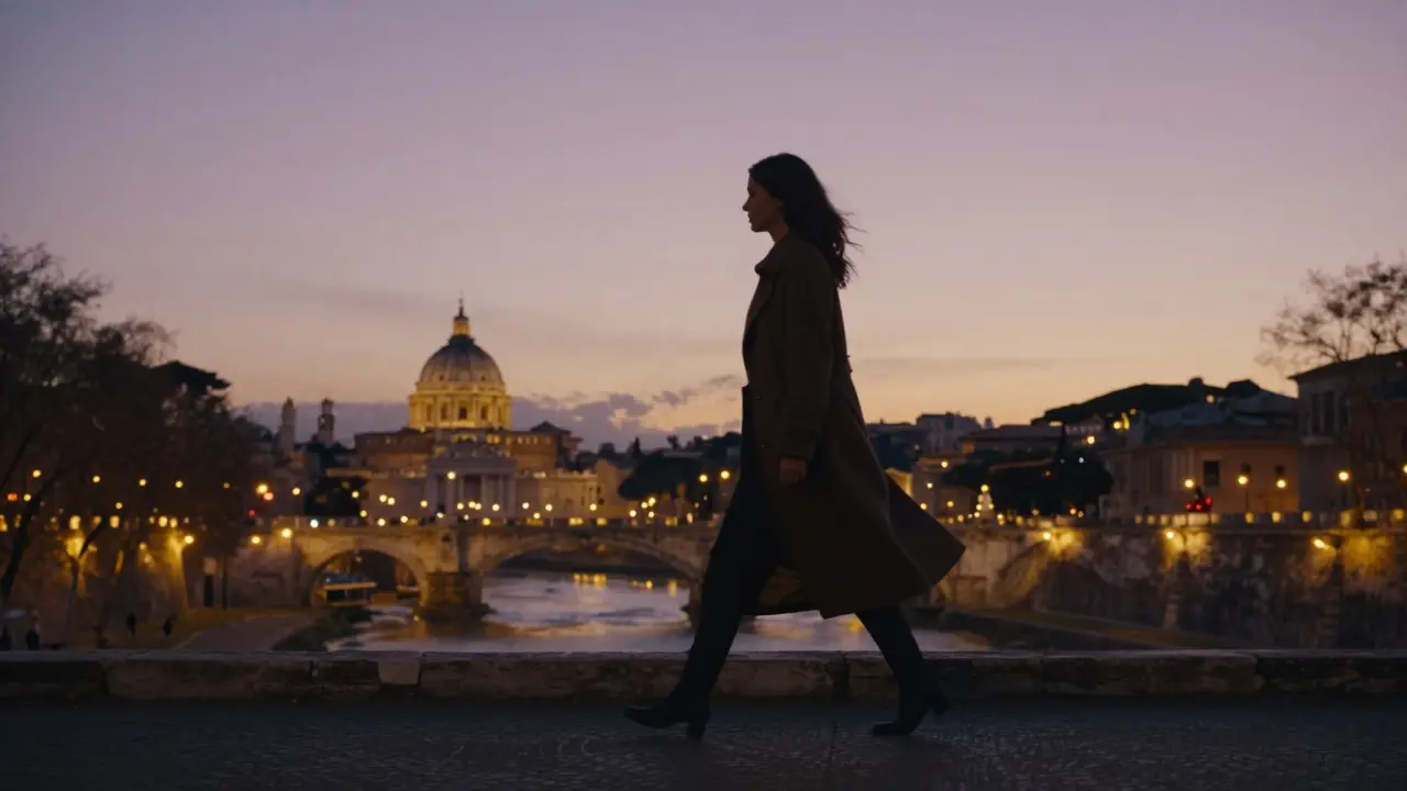 A woman walks alone at dusk on Janiculum Hill, overlooking Rome’s glowing skyline at sunset.
