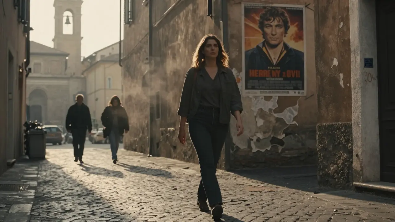 A woman walks through a quiet Roman alley at dawn, morning light casting long shadows, the city alive around her.