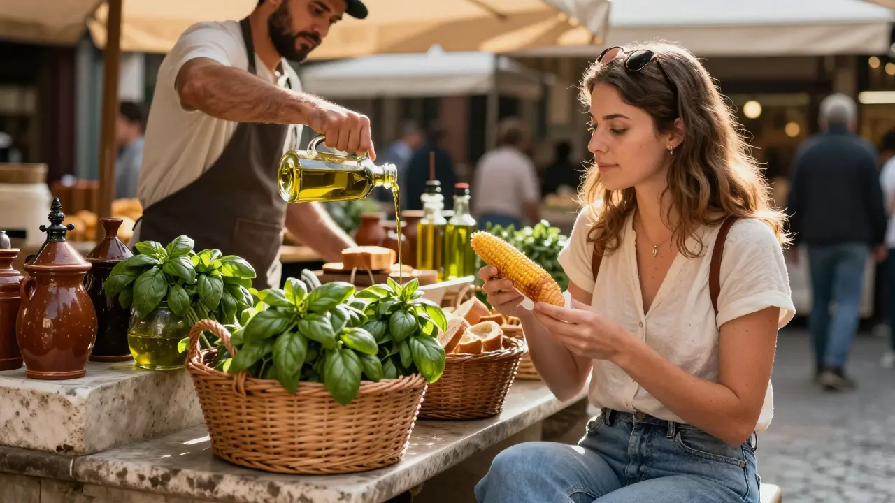 A woman watches olive oil being poured onto bread at a quiet morning market, surrounded by fresh herbs and ceramic jars.