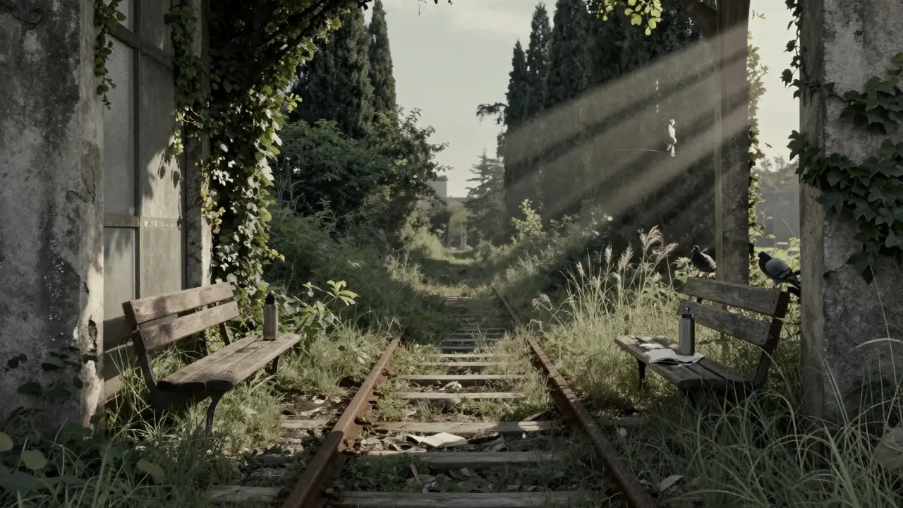 Abandoned tram depot overgrown with ivy, broken bench with book and thermos, pigeons in the light.