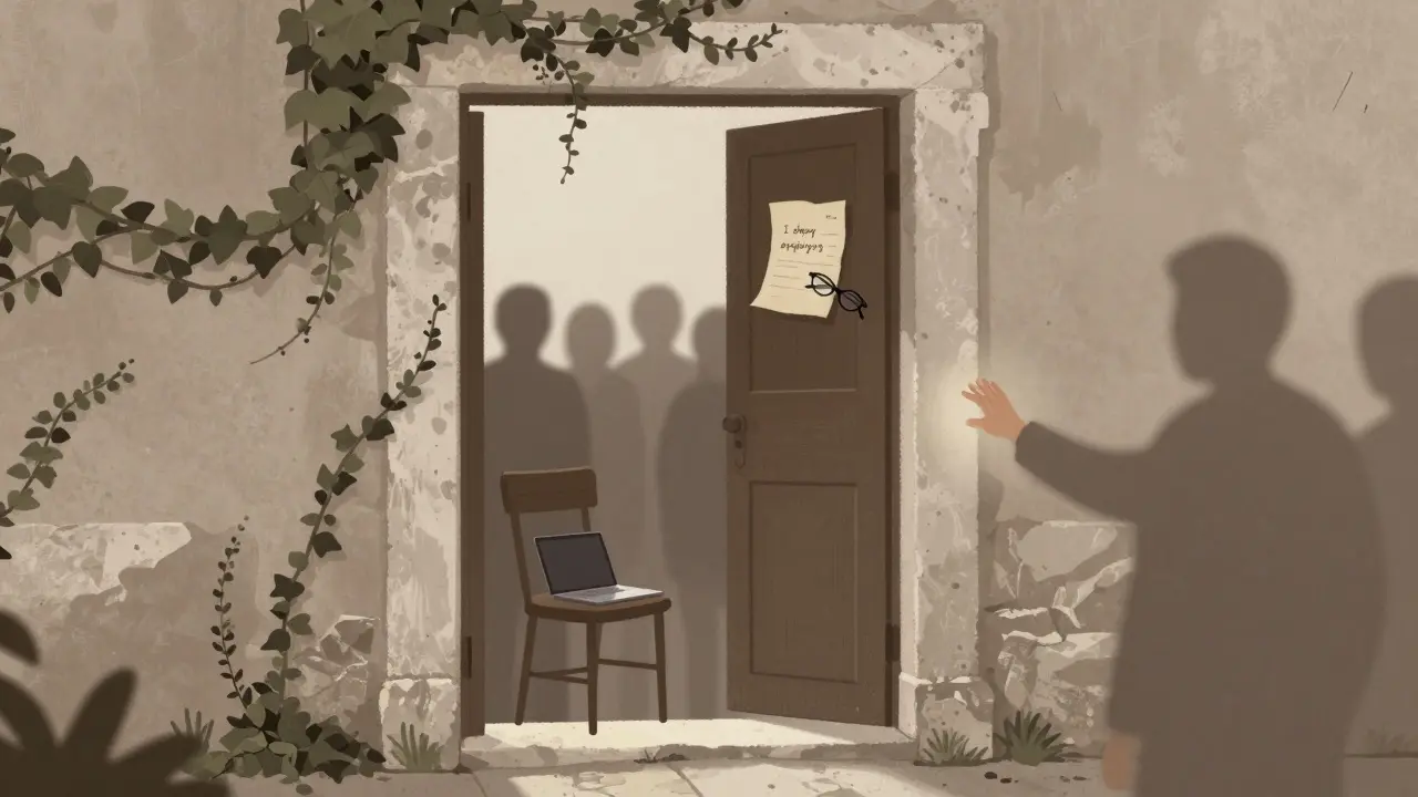 An open door in a Roman courtyard with personal items inside and crowds turning away outside.