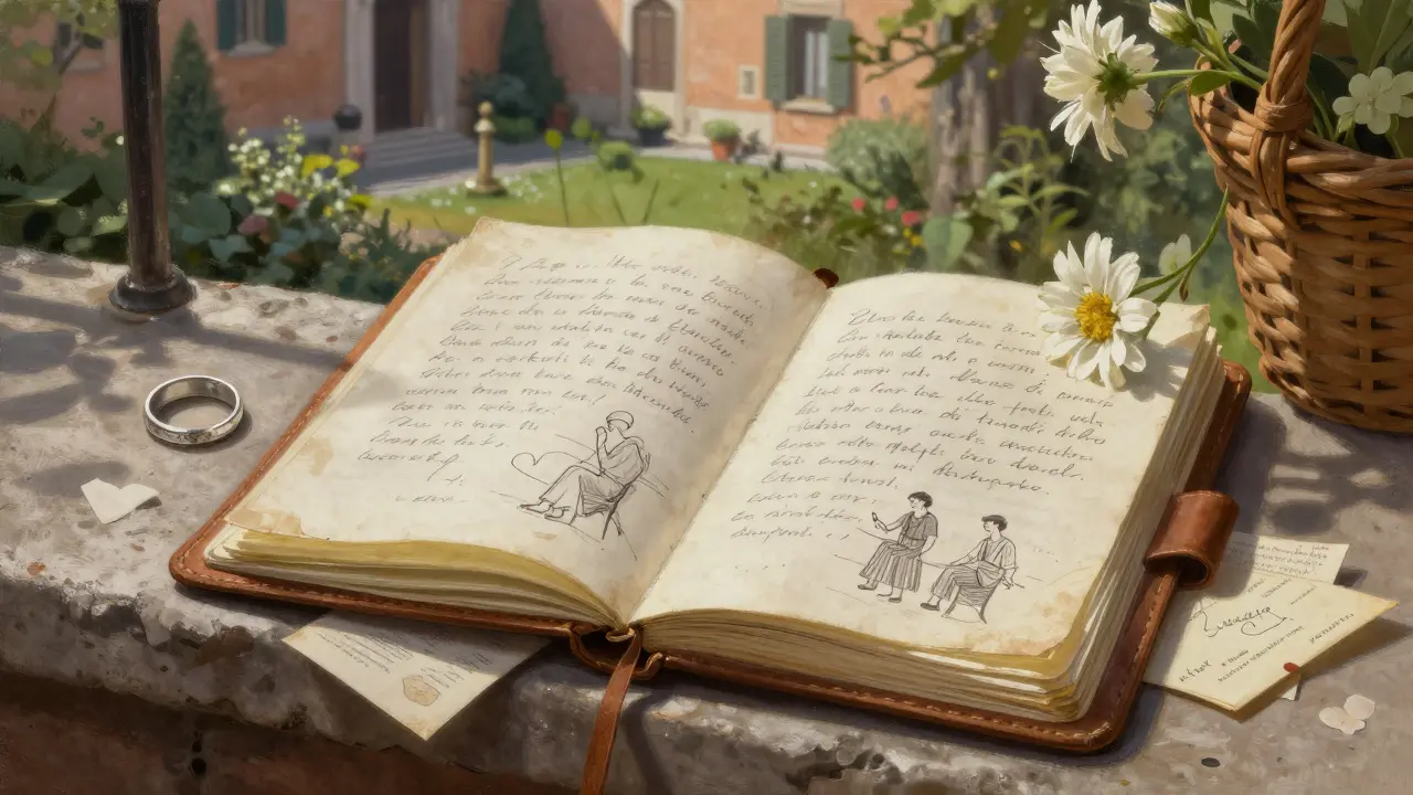 An open leather notebook on a windowsill with a silver ring, handwritten notes, old love letters, and a flower, overlooking a hidden garden in Rome.