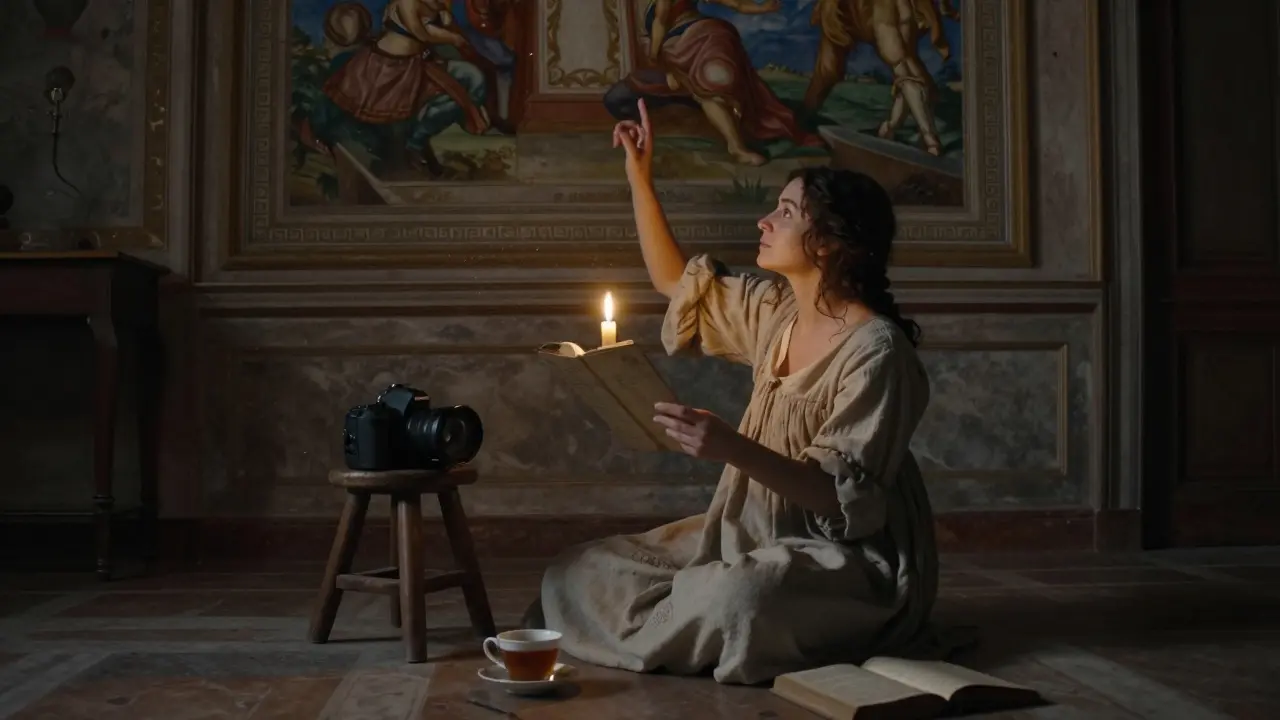 Artemisia reading Boccaccio by candlelight in an ancient Roman palazzo, tracing frescoes on the ceiling.