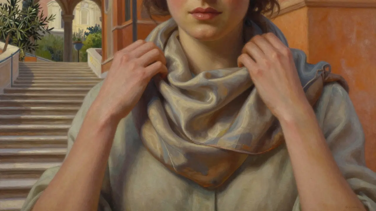Close-up of hands adjusting a faded silk scarf against the warm ochre walls of the Spanish Steps.