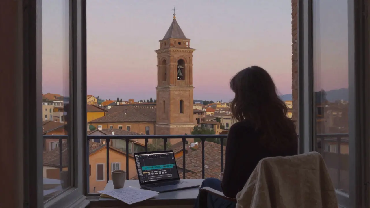 Danika&#039;s balcony at dawn overlooking a Roman bell tower, linen sheets, open MacBook, handwritten notes, soft pastel sky.