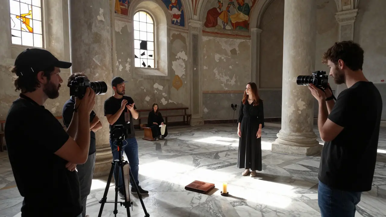 Danika Mori directing in a deserted Roman church, sunlight through stained glass, crew in quiet focus.