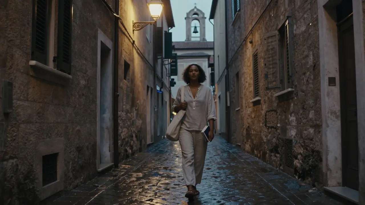 Danika walking through Trastevere at dusk, linen clothes, holding a book, rain-glistening cobblestones, distant church bells.