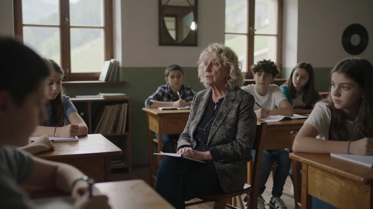Elderly woman teaches acting in a quiet village room, students watching intently, mirror and books in background.