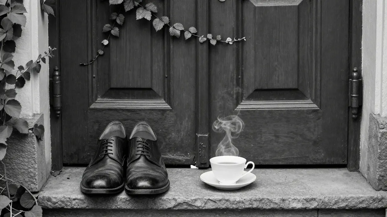 Elegant shoes and a steaming teacup beside a vine-covered door, hinting at an unseen presence.