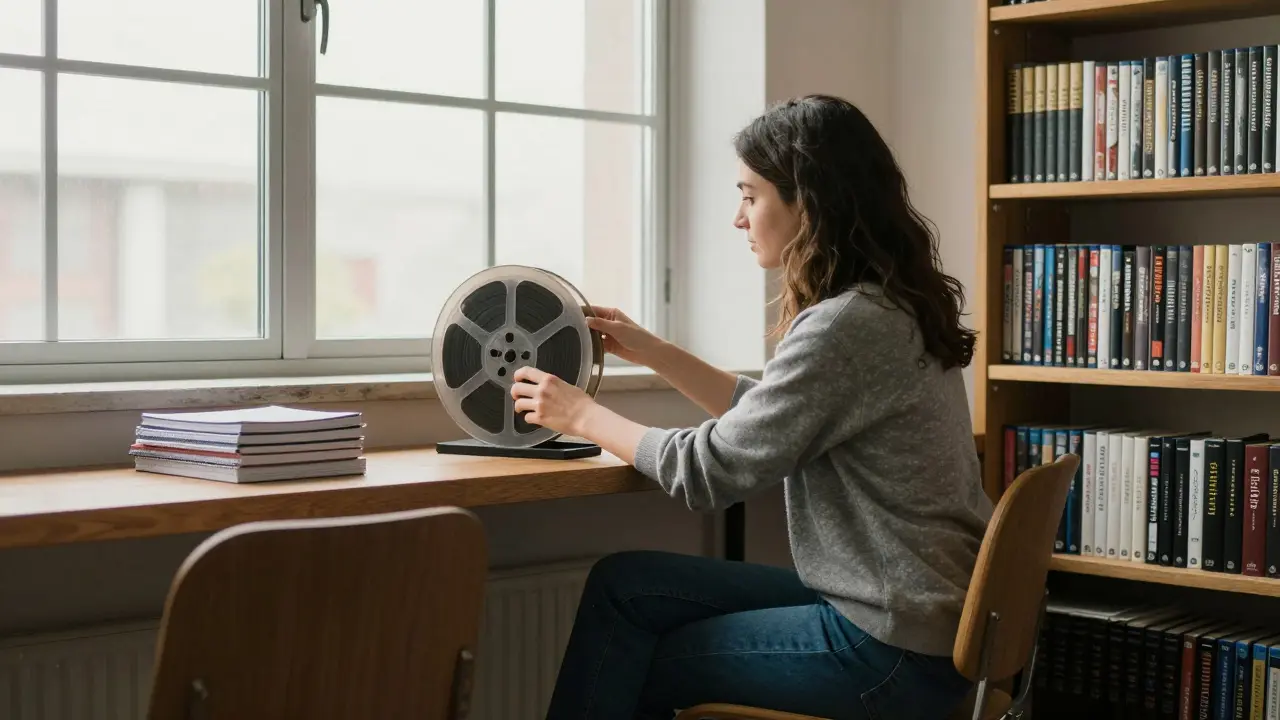 Hands placing a film reel on a wooden shelf beside notebooks labeled 'Ethics' and 'Cinematography'.