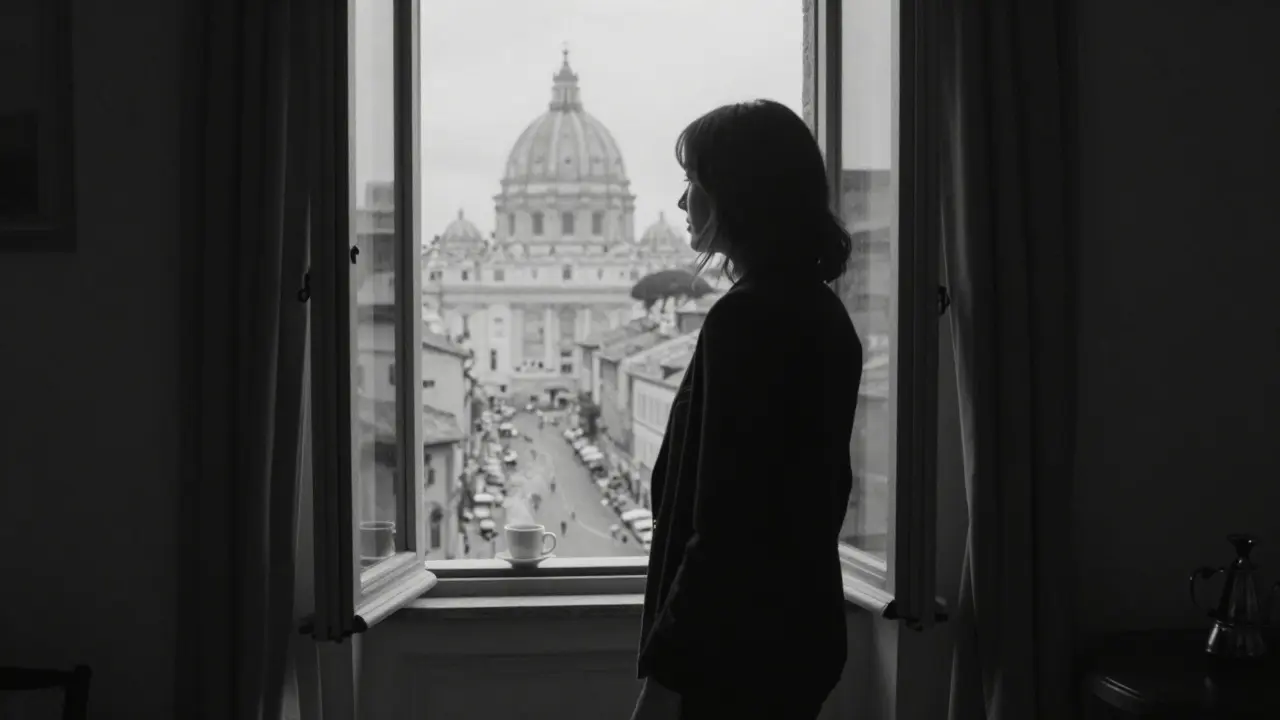 Lisa Ann in a doorway, back turned, facing the glowing streets of Rome, bathed in soft light.