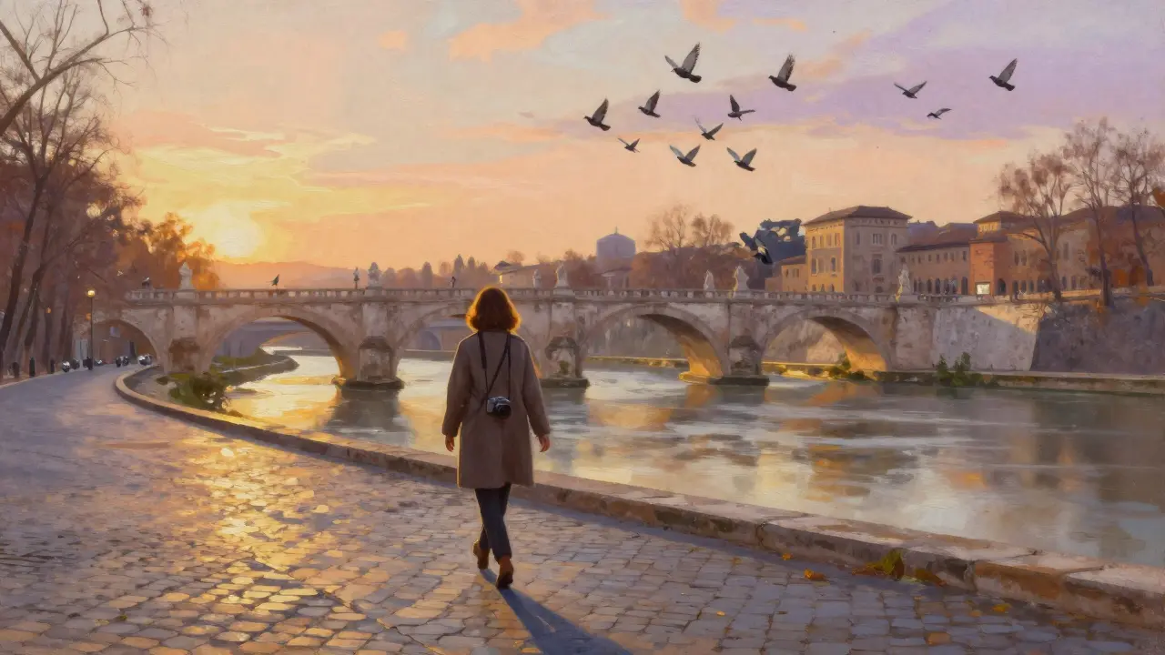 Martina walking alone along the Tiber River at sunset, camera on shoulder, ancient bridge in background.