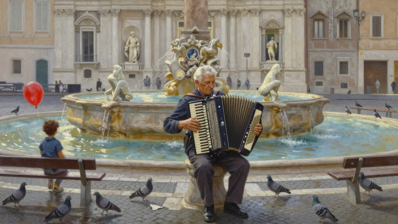 Quiet Piazza Navona at morning light, an old man playing accordion by the fountain, no crowds.