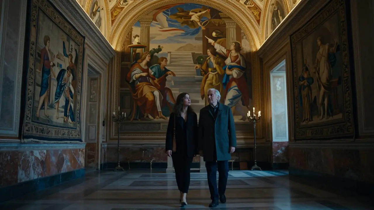 Sara and a client quietly examining a Vatican fresco in the empty museum after hours.