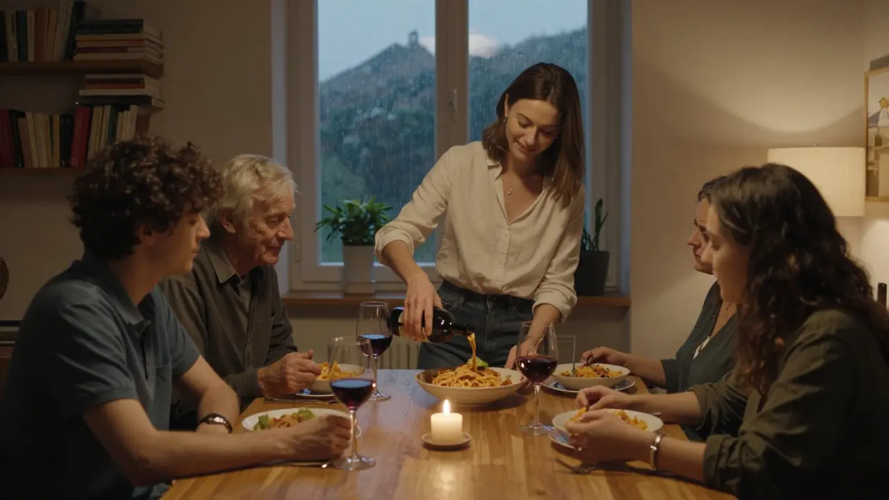 Sara hosting a quiet dinner with writers and retirees in her Janiculum Hill apartment at dusk.