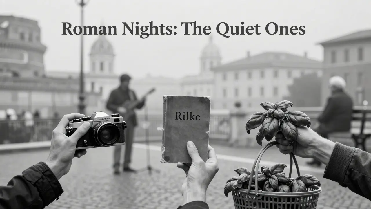 Three hands reaching together—camera, book, and basil—symbolizing quiet human connection in Rome.
