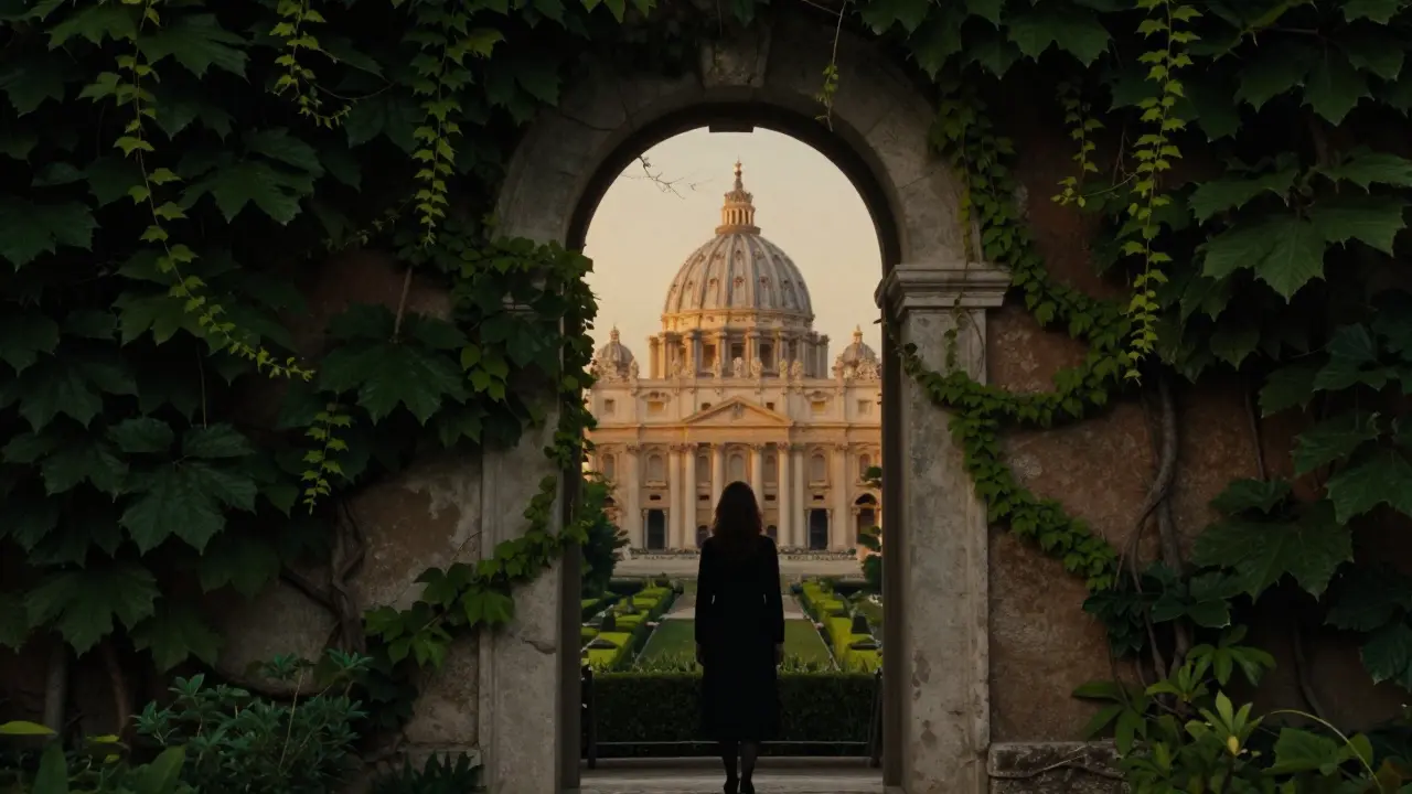 Through an ancient keyhole, St. Peter’s Dome is perfectly framed in golden light, with ivy-covered walls surrounding a silent observer.