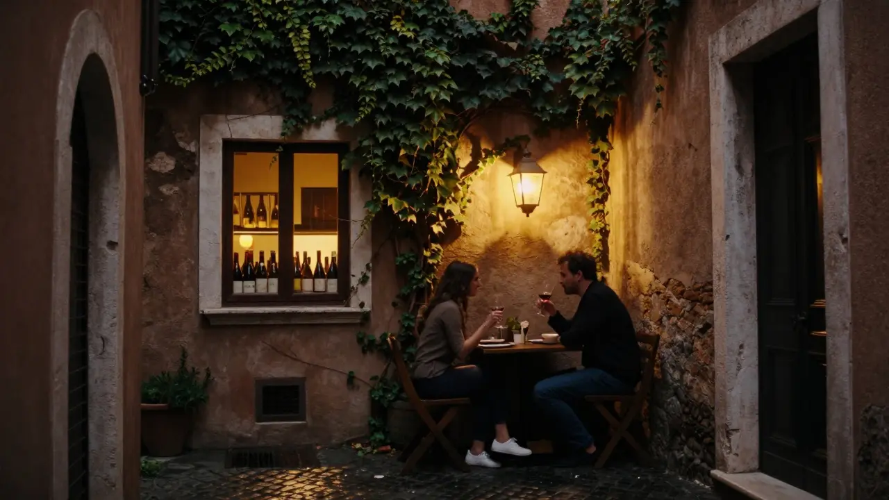 Two people share wine in a dimly lit Roman alley at dusk, warm lantern light, ivy-covered walls, rain-slicked cobblestones, intimate and quiet.