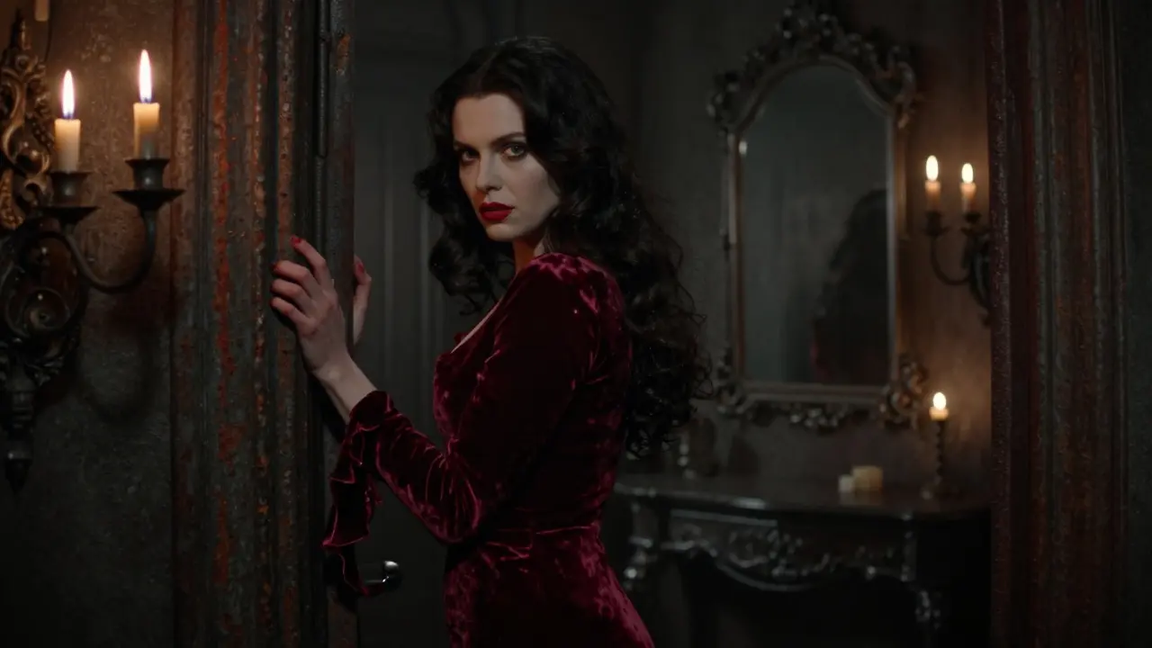 Woman in velvet dress stands in gothic hallway, eyes locked on viewer, candlelight flickering, shadows deep.