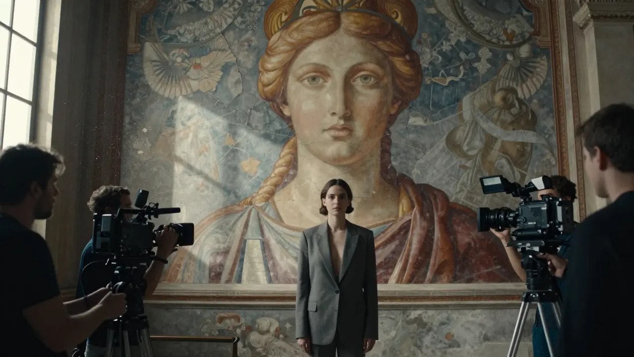 A modern performer stands before an ancient Roman fresco, wearing only a suit jacket, bathed in soft light.