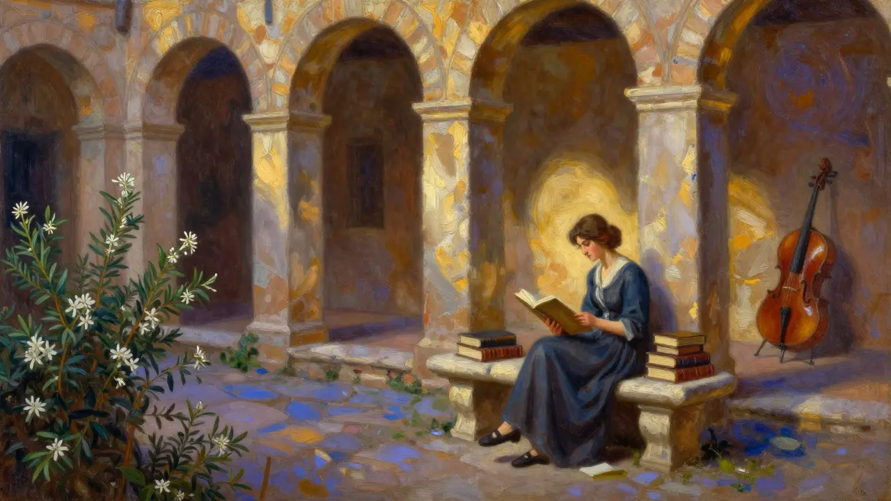 A quiet courtyard in Rome's Jewish Ghetto with myrtle, books, and soft golden light, a figure reading poetry on a stone bench.