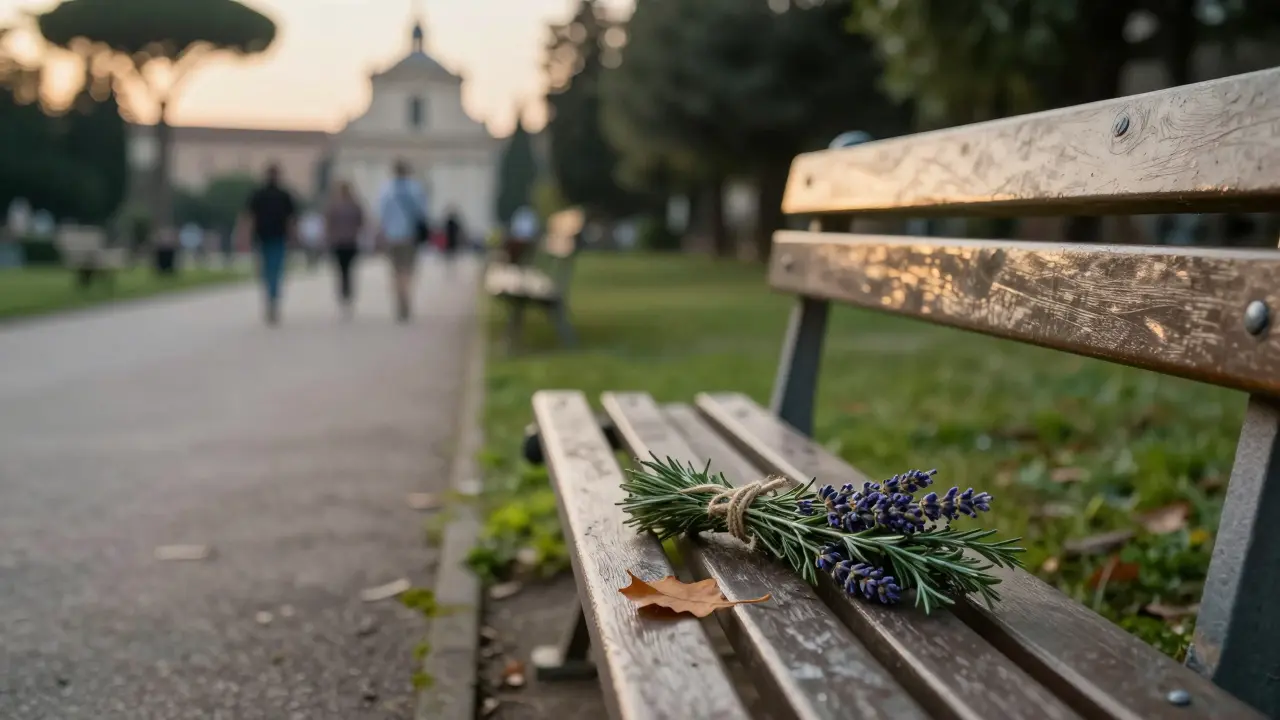 A single bundle of lavender and rosemary rests on a garden bench as a leaf drifts across the path in golden afternoon light.