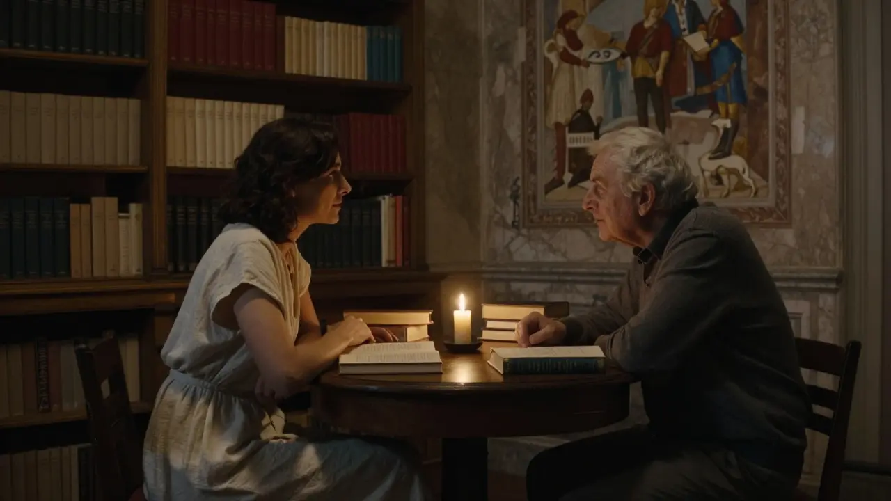 A woman and an elderly man sit in a Roman library, sharing a quiet moment over books.